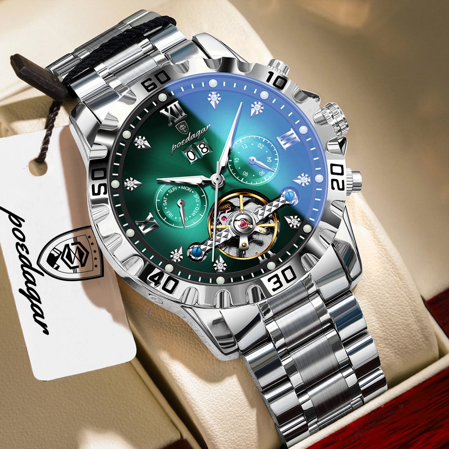 POEDAGAR Fashion Luxury Men Watch Automatic Date Week Man Wristwatch Hollow Tourbillon Mechanical Stainless Steel Men's Watches