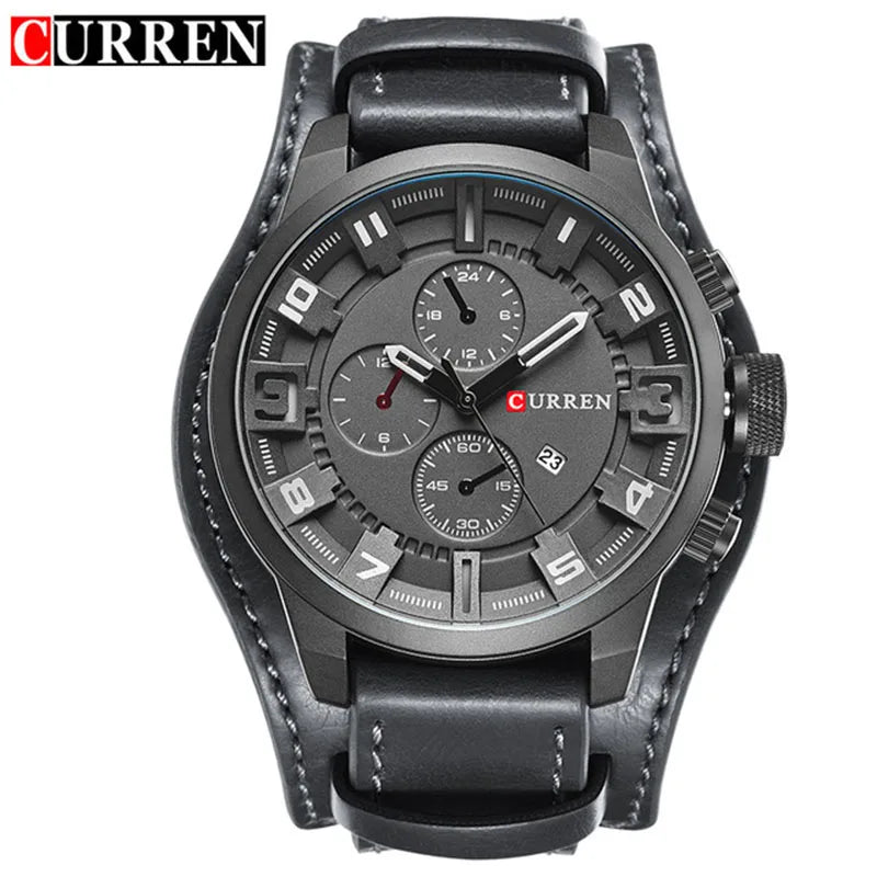 CURREN 8225 Luxury Large Dial Calendar Watch, Water-Resistant Blue Light Dial Quartz Leather Watch
