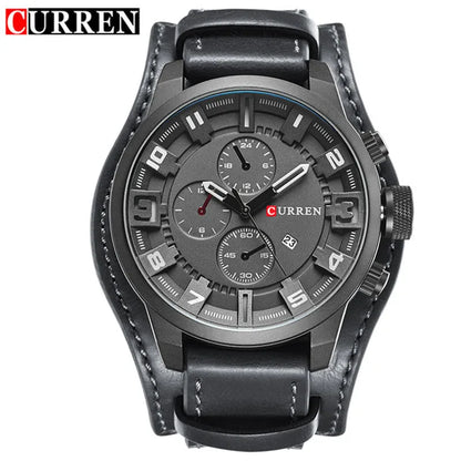 CURREN 8225 Luxury Large Dial Calendar Watch, Water-Resistant Blue Light Dial Quartz Leather Watch