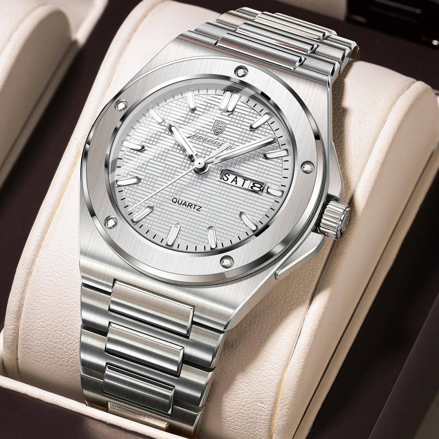 POEDAGAR High Quality Men Clock Date Week Waterproof Fashion Watch For Man Stainless Steel Luxury Men's Quartz Watches Reloj+Box