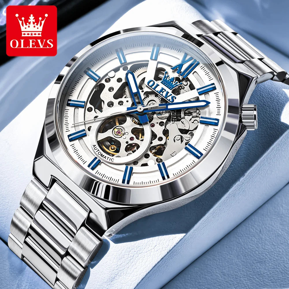 OLVES 6722 Mens Watch Original Luxury Skeleton Automatic Mechanical Watch Waterproof Luminous Stainless Steel Watches For Man