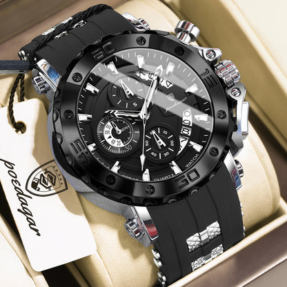 POEDAGAR Original Luxury Man Watch Chronograph Waterproof Luminous Sports Men Clock Calendar Silicone Strap Quartz Men's Watches