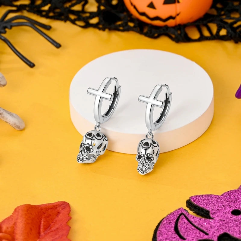Halloween Earrings Ring Necklace 925 Sterling Silver Sparkling Skull Bow Stud Drop Earring For Women Men Halloween Party Jewelry
