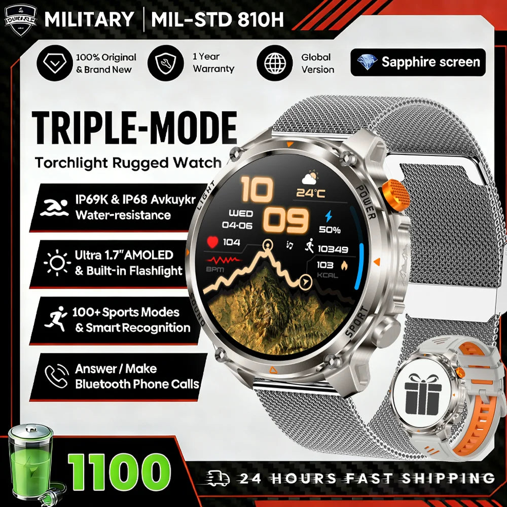 1100mAh Super Capacity Battery Military Outdoor Smart Watch Men 1.7inch Screen Compass Bluetooth Call 3ATM Waterproof SmartWatch