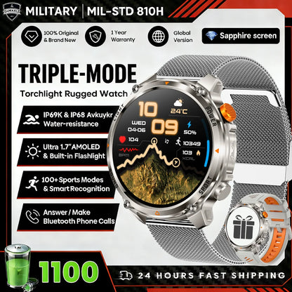 1100mAh Super Capacity Battery Military Outdoor Smart Watch Men 1.7inch Screen Compass Bluetooth Call 3ATM Waterproof SmartWatch