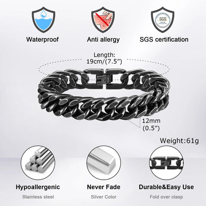 Vnox 8mm/12mm Bold Heavy Stainless Steel Cuban Bracelets for Men Boys,Oxidized Metal Wristband,Punk Rock Chain Bracelet Jewelry