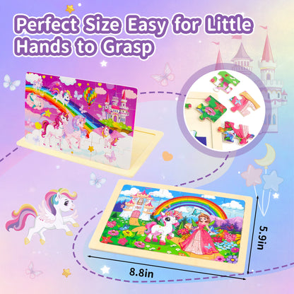 4 Packs Unicorn Princess Educational Preschool Toddler Wooden Jigsaw Puzzles Gifts for 3 4 5 6 Years Old Girls Boys