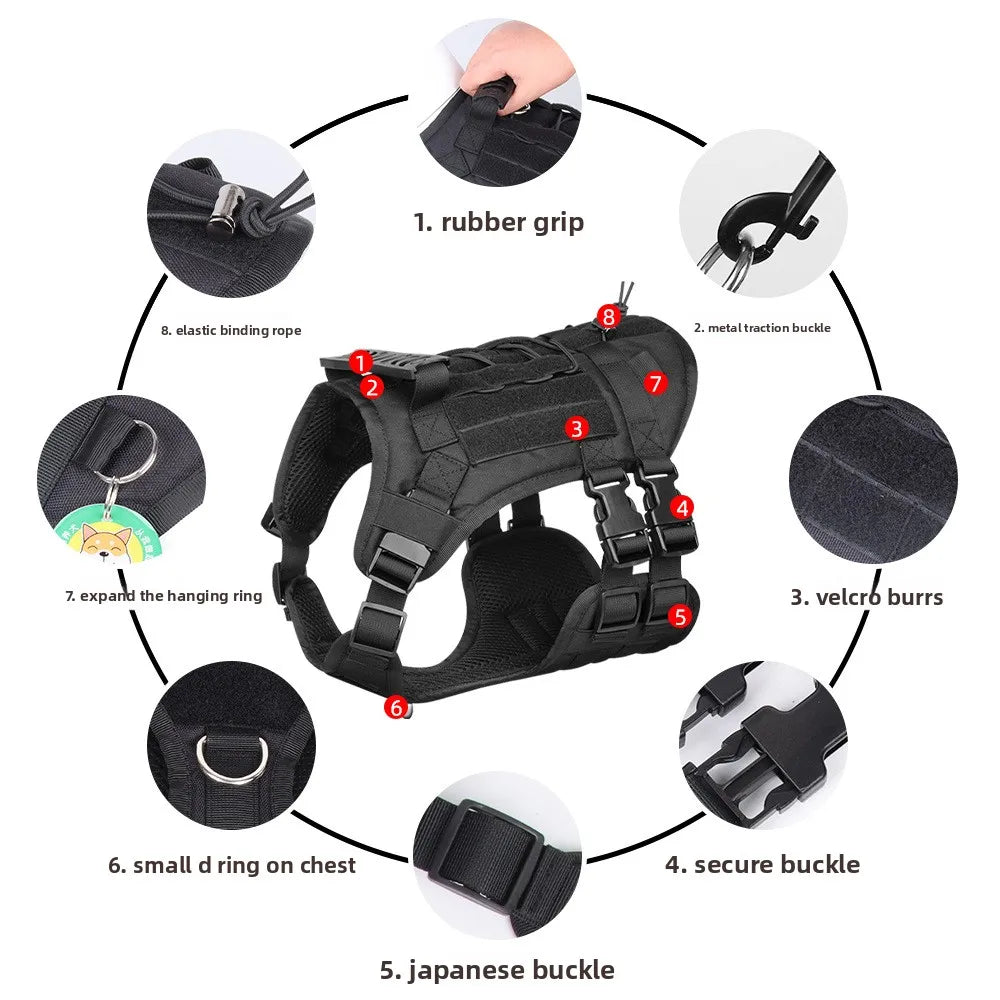 Heavy Duty Tactical Dog Vest Harness New Multi-Function Vest with Handle Leash for Big Dogs Outdoor No-Pull Gear Dog Collar P017