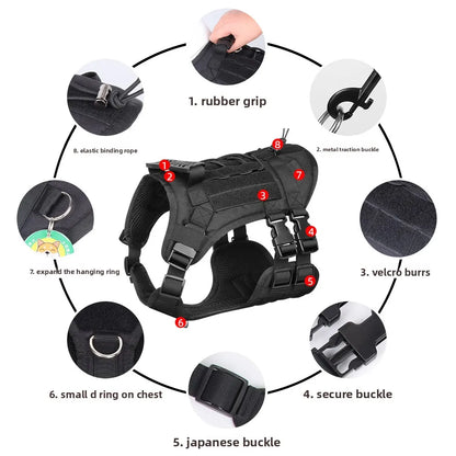 Heavy Duty Tactical Dog Vest Harness New Multi-Function Vest with Handle Leash for Big Dogs Outdoor No-Pull Gear Dog Collar P017