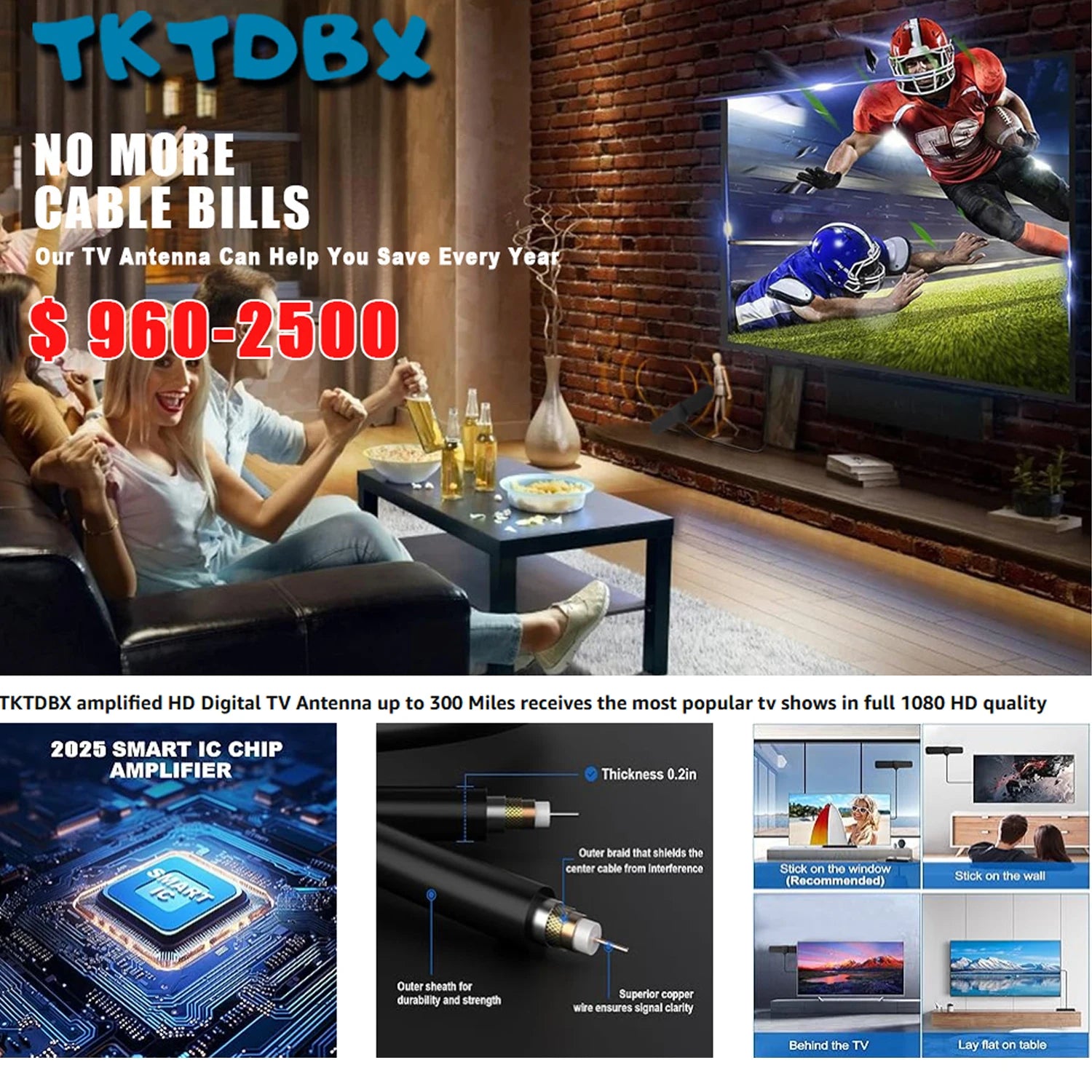 TV Antenna  Digital Antenna for Smart TV 4K 1080p HD Digital VHF UHF All TV's for Local Channels, Smart Switch Signal Booster