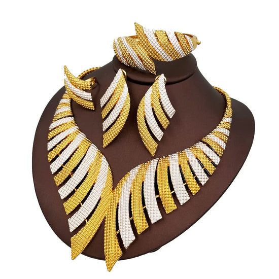 Luxury Two Tone Big Jewelry Set Gold Plated Necklace Bracelet Large Earring Ring For Women Bridal Africal Wedding Gift 2025 New