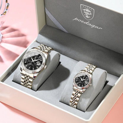 POEDAGAR Top Luxury Couple's Watches Luminous Date Classic Watches For Couple Quartz Stainless Steel Couple Watch Lovers Set+Box