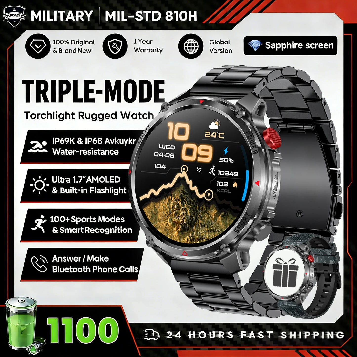 1100mAh Super Capacity Battery Military Outdoor Smart Watch Men 1.7inch Screen Compass Bluetooth Call 3ATM Waterproof SmartWatch