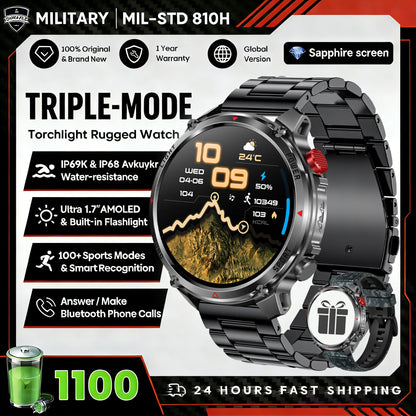 1100mAh Super Capacity Battery Military Outdoor Smart Watch Men 1.7inch Screen Compass Bluetooth Call 3ATM Waterproof SmartWatch