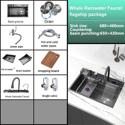 Stainless Steel Waterfall Kitchen Sink New Embossed Extra Large Single Slot Modern Digital Display Multifunctional Kitchen Sinks
