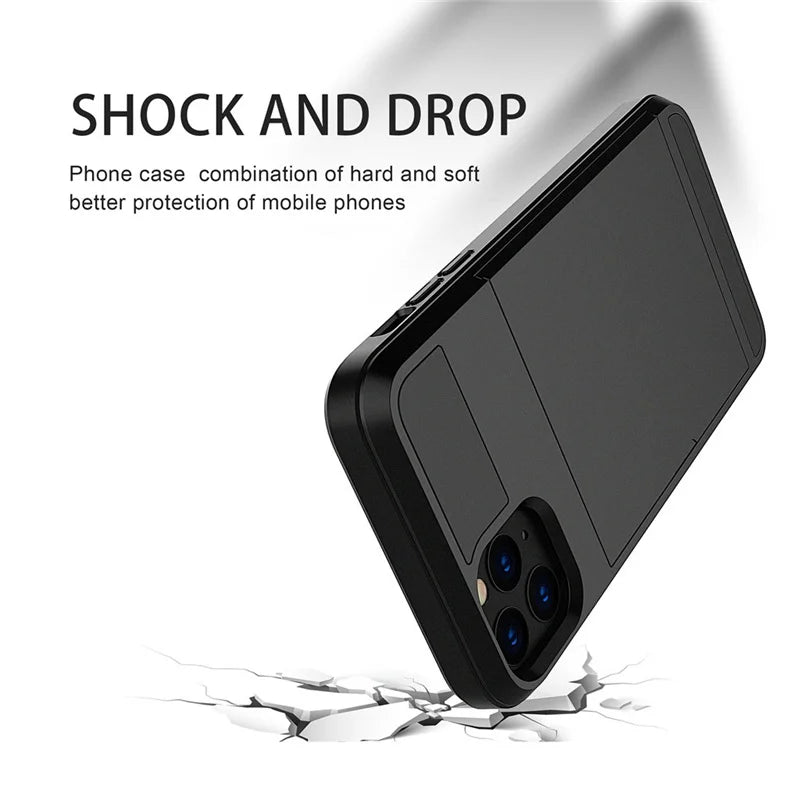 Slide Wallet Credit Card Slot PC Phone Case For iPhone 13 12 Mini 11 14 15 Pro Max XS XR 7 8 Plus SE TPU Armor Shockproof Cover