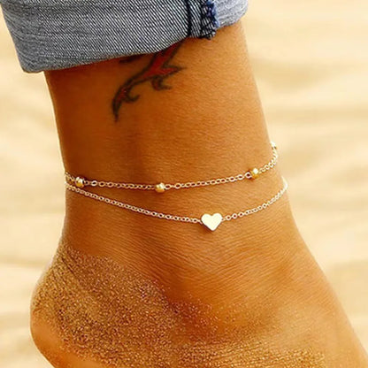 Love Personality Double Simple Bohemian Layered Heart Anklet Summer Beach Anklets On Foot Ankle Bracelets For Women Leg Chain