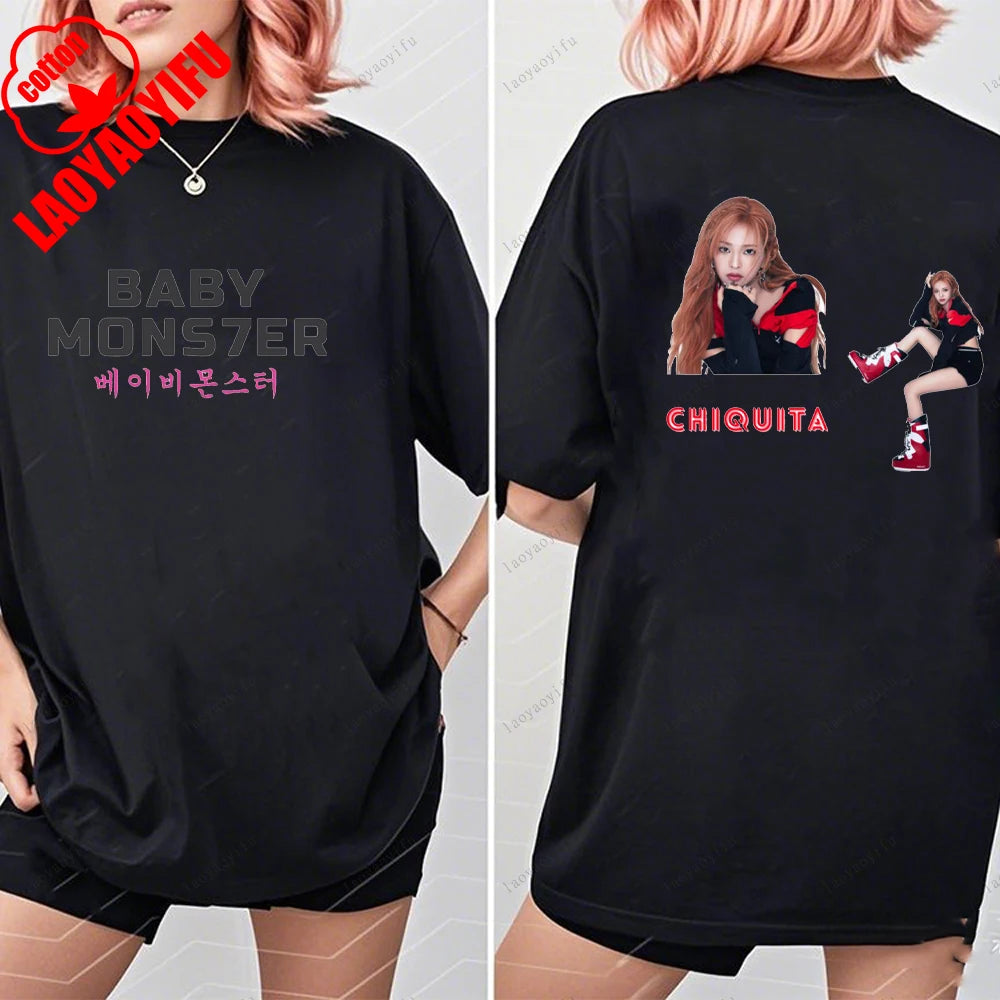 BABYMONSTER Kpop Band T-shirt Korean Fashion Summer Double Sided Tee Short Sleeve Cotton Comfortable Tshirts Women/Men Clothes