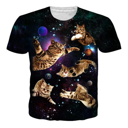 Summer 3D Print Funny Cats T Shirt Men Galaxy Cat Graphic Short Sleeve Personality Casual O-neck Street Round Neck Tees Clothes