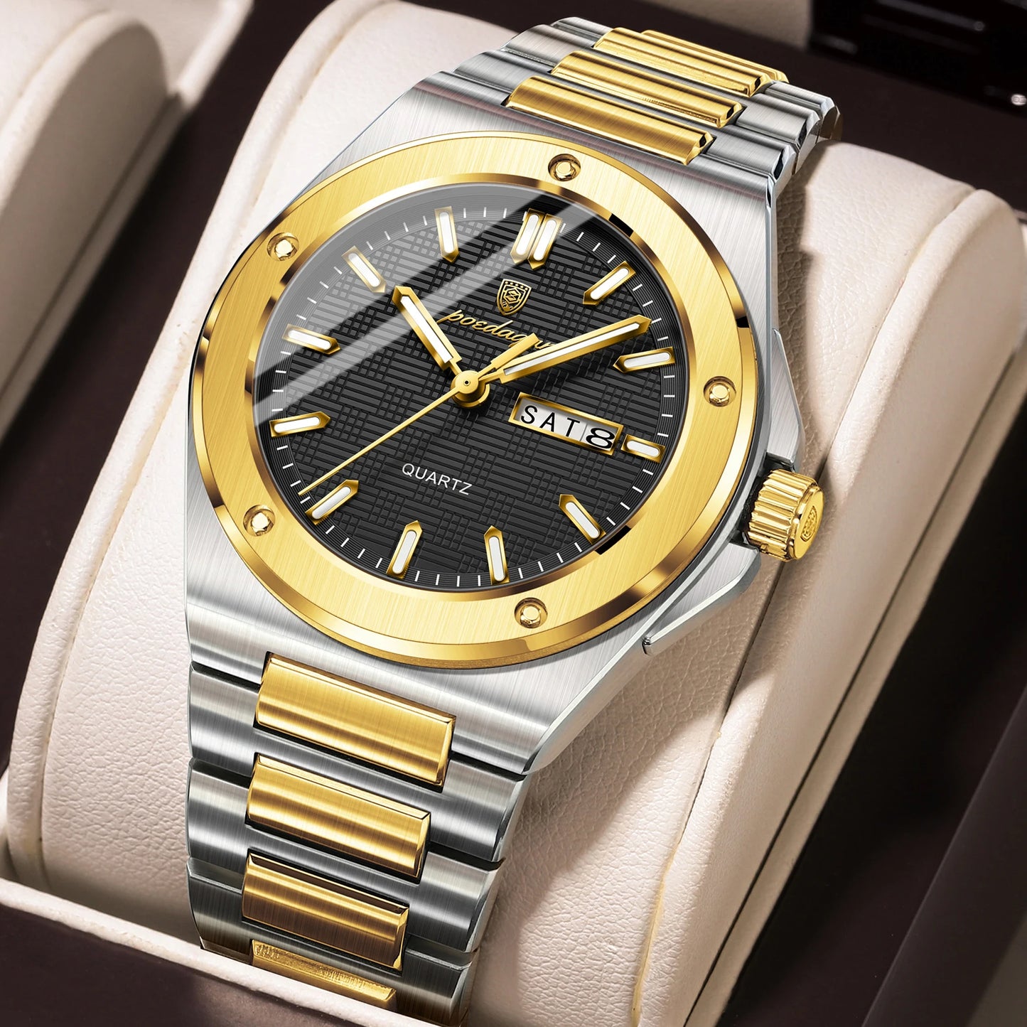 POEDAGAR High Quality Men Clock Date Week Waterproof Fashion Watch For Man Stainless Steel Luxury Men's Quartz Watches Reloj+Box