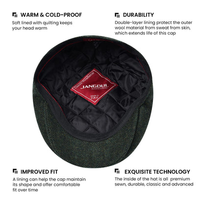 JANGOUL XL/XXL Wool Tweed Newsboy Flat Cap for Men Winter Fashion Ivy Cap Gatsby Golf Hat Satin Lined