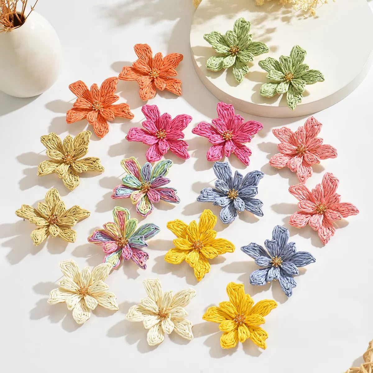 Boho Handmade Delicate Raffia Flower Earrings for Women Trendy Irregular Floral Summer Beach Jewelry Gift