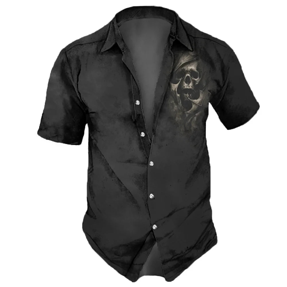 2023 Skull  Men's Shirts Lapel Streetwear Vintage Shirt For Men Street Hip Hop Short Sleeve Top Party Summer Men Hawaiian Shirts