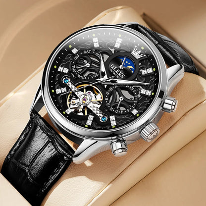 OLEVS 6658 Fashion Men's Watches Hollow Flywheel Automatic Mechanical Wristwatch Leather Strap Waterproof Luminous Moon Phase