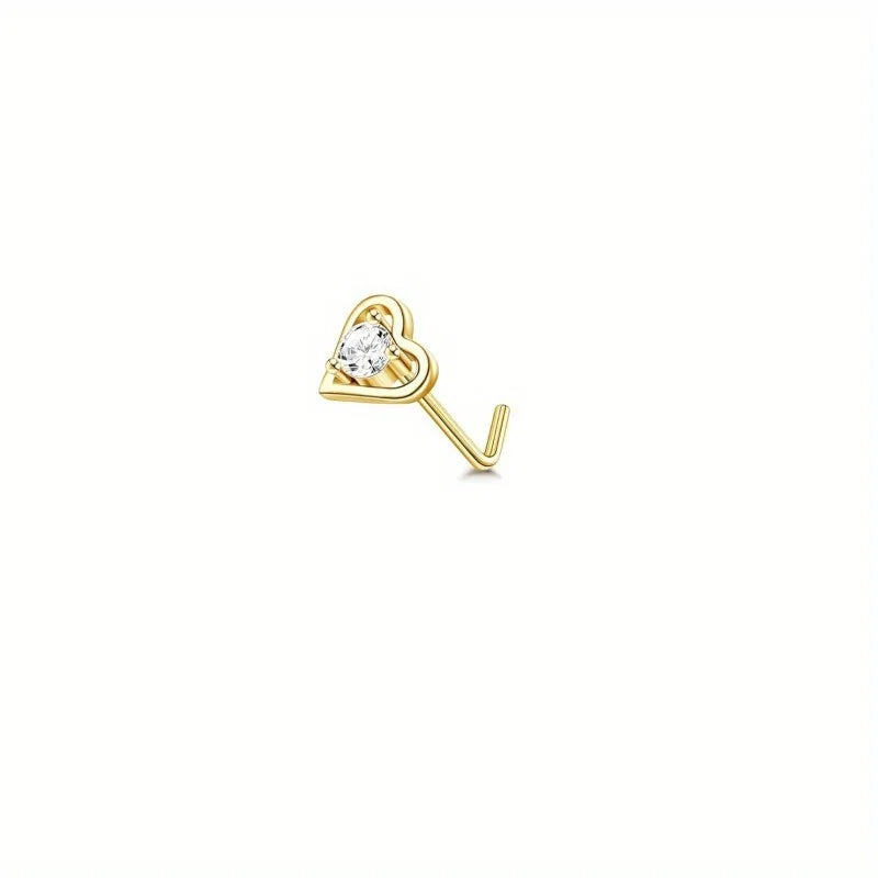 Drperfect 1Pc 22G Nose Studs L Shaped Nose Rings Studs for Women Opal CZ Heart Butterfly Nose Piercing Jewelry