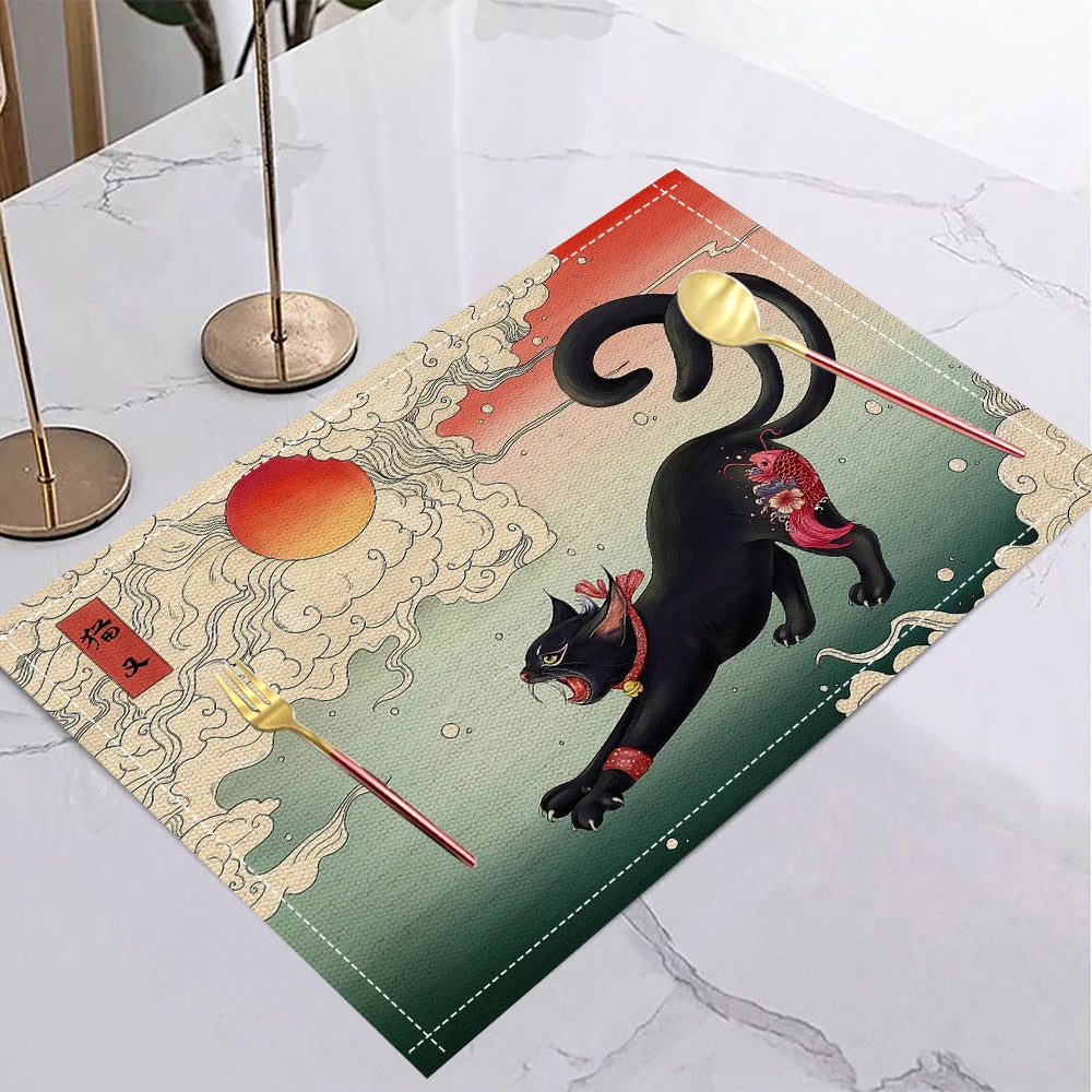 Japanese Ukiyo-e Style Linen Placemat Non Slip Table Mats Rectangular Non Slip Dining Table for Kitchen Home Decor Essentials