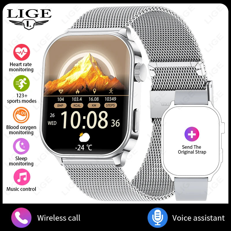 LIGE NEW Smart Watch Daily Monitoring Voice Assistant Wireless Call Notification Music Control Men Women Waterproof Smartwatch