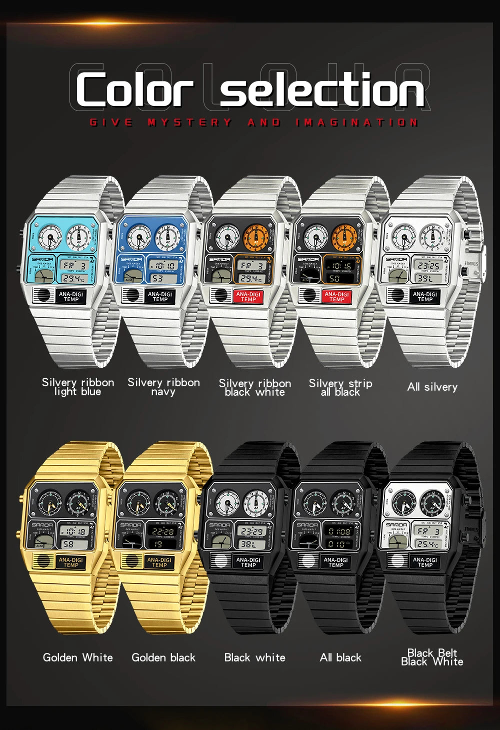 SANDA New 3192 Men's Square Men's Electronic Watch Waterproof LED Thermometer Stopwatch For Men's Electronic Watch