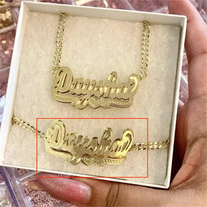 18K Gold Plated Nameplate Necklace Personalized Double Layer 3D Necklaces With Heart Customized Name Stainless Steel Jewelry