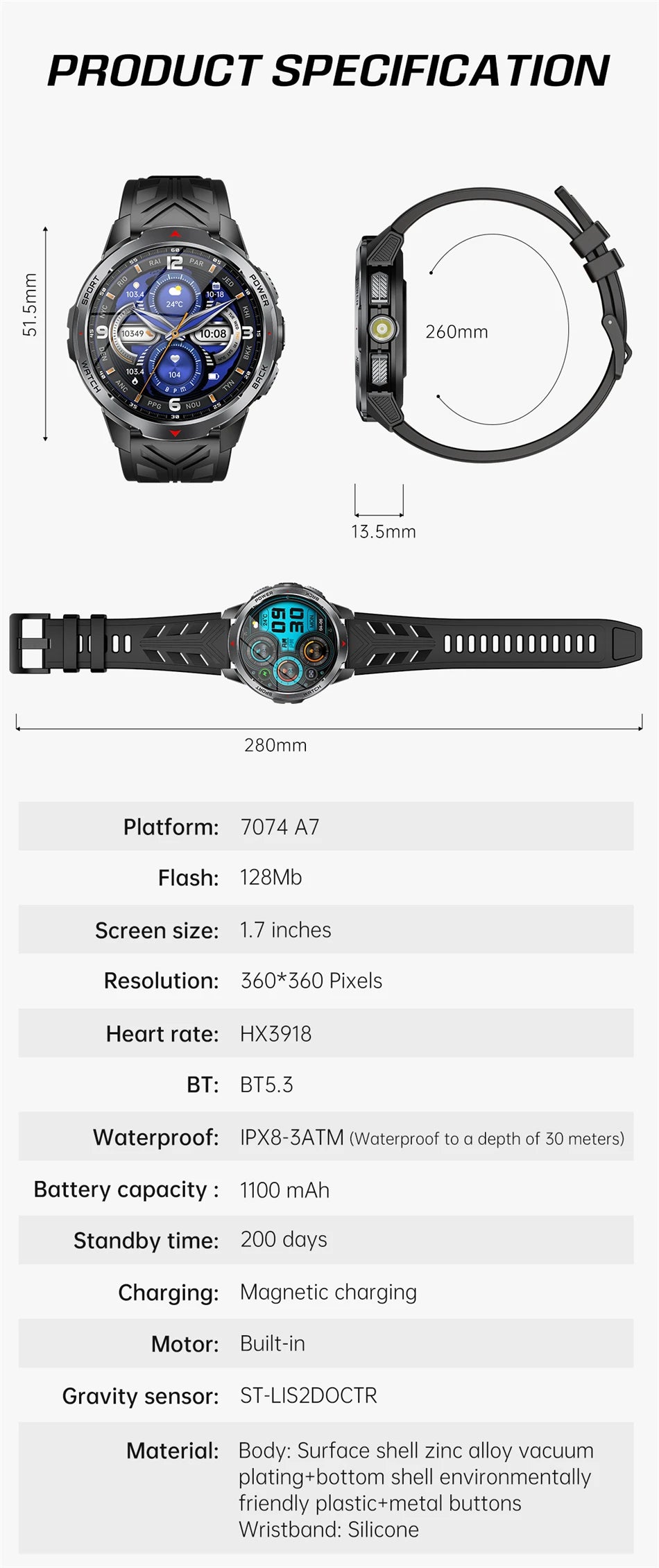 2026 New Smart Watch Men with Flashlight Sports 3ATM Waterproof 1100 mAh Large battery BT Call  Man for Android iOS Smartwatch