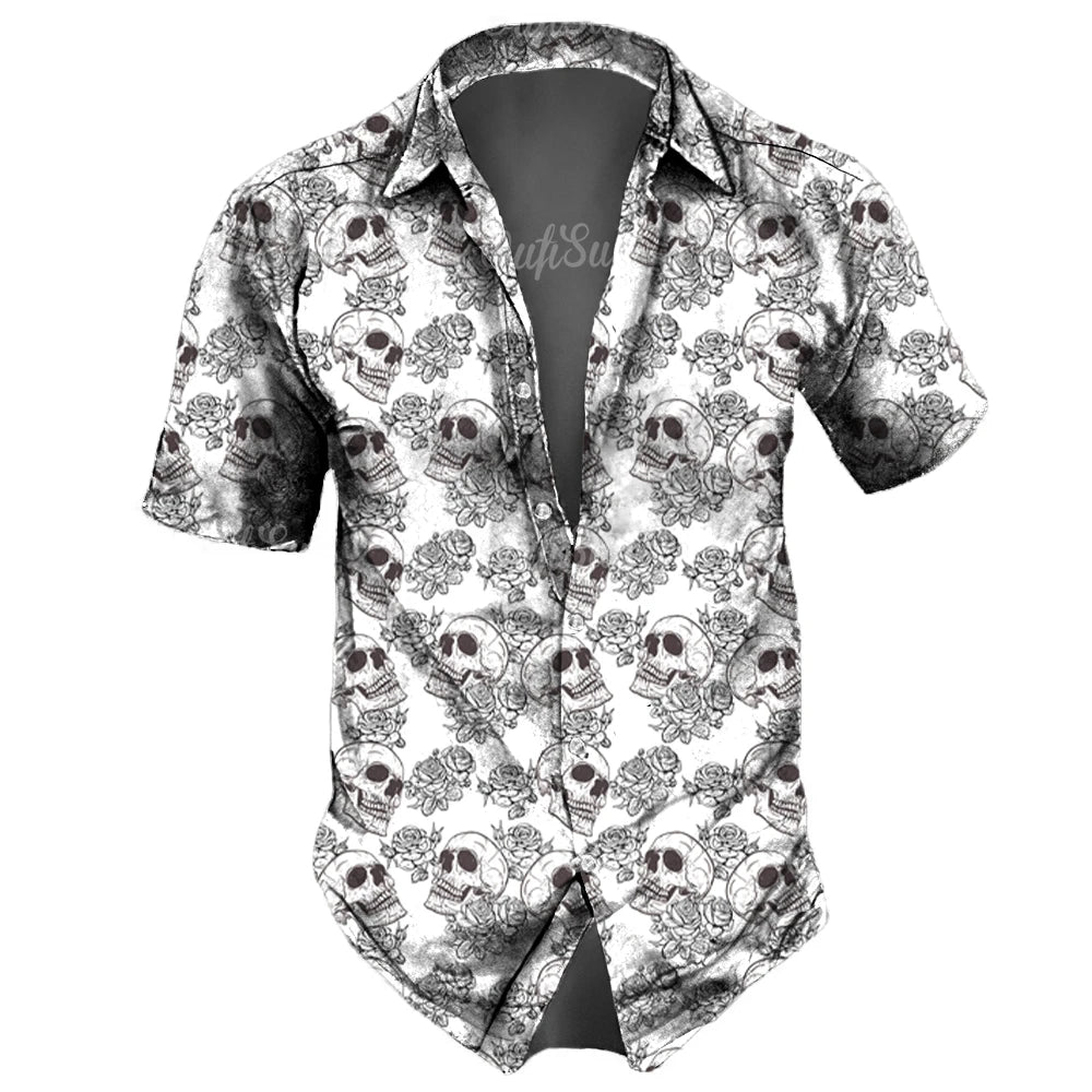2023 Skull  Men's Shirts Lapel Streetwear Vintage Shirt For Men Street Hip Hop Short Sleeve Top Party Summer Men Hawaiian Shirts