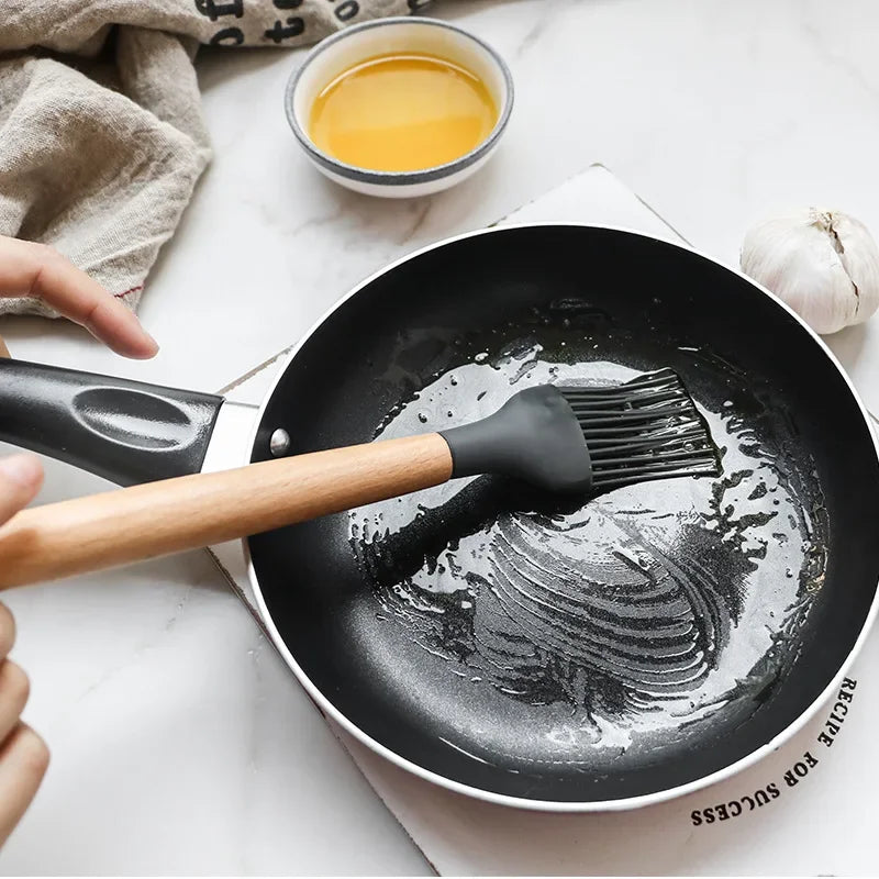 12PCS Mint Green Silicone Kitchen Utensils Set with Wooden Handle, Non-Stick Cooking Tools & Utensil Holder Organizer