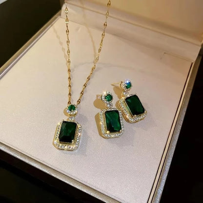 Classic Women's Three Piece Jewelry Set Statement: Jadeite Ring, Fashion Green Zircon Ring, Earrings, Necklace, Wedding Jewelry