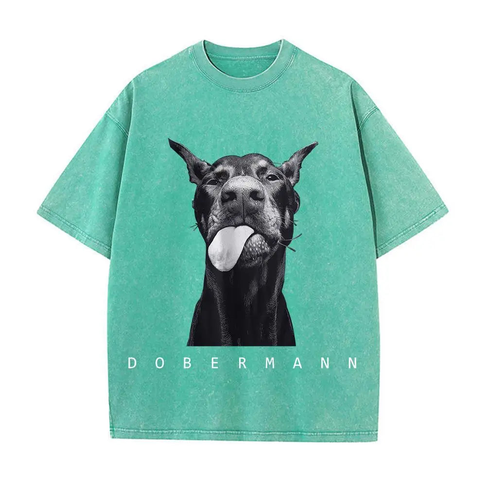 Womans Cotton Washed T-Shirts Fashion Creativity Doberman Printing Short Sleeve O-Neck Loose Distressed Street Female Clothes