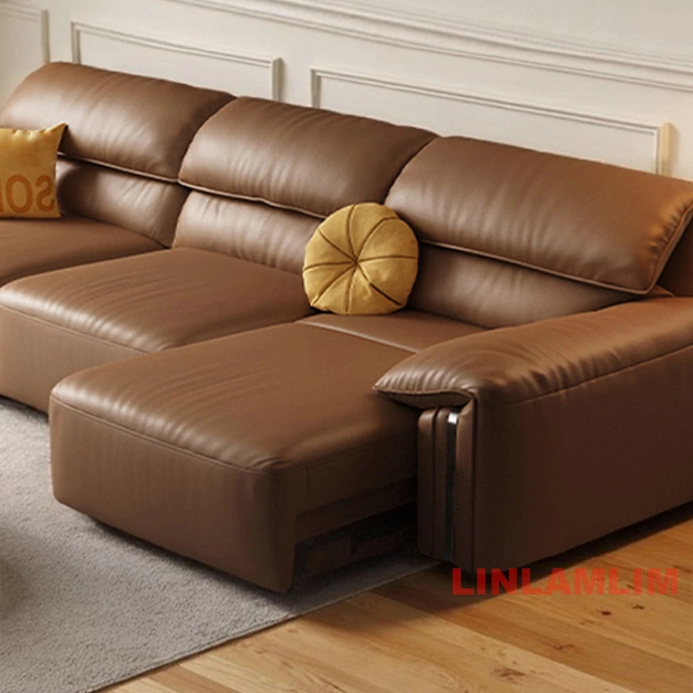 Modern Convertible Genuine Leather Sofa Bed – Multi-functional Electric Sleeper Couch with Adjustable Seats & Wide Chaise Lounge