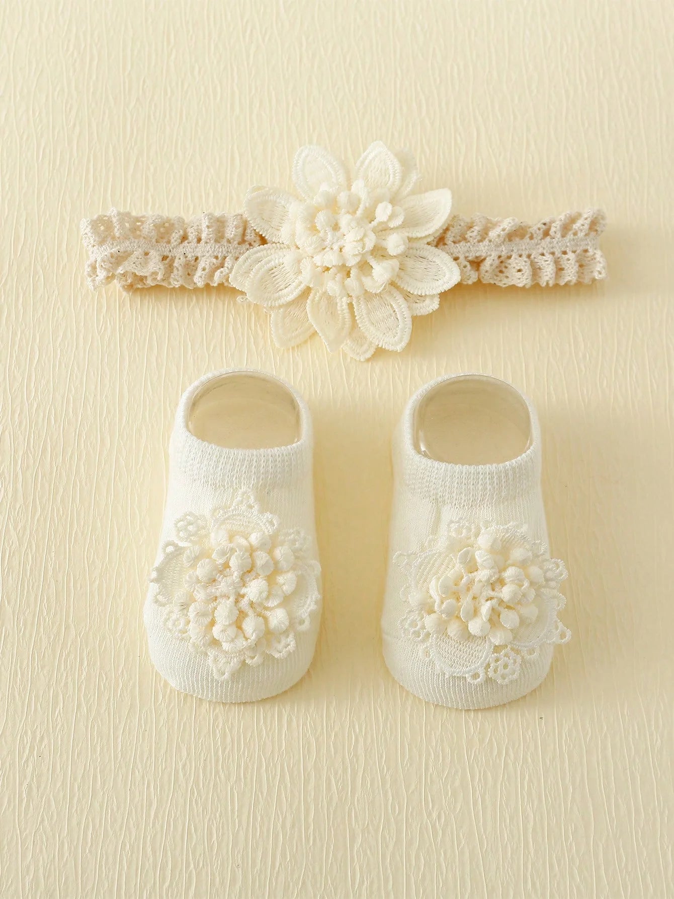 2 Pieces/Set of Toddler Embroidered Flowers Elastic Headband and Non-Slip Cotton Socks, 0-12 Months Baby Girls Socks Hairband Set