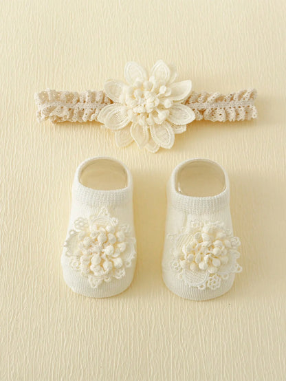 2 Pieces/Set of Toddler Embroidered Flowers Elastic Headband and Non-Slip Cotton Socks, 0-12 Months Baby Girls Socks Hairband Set