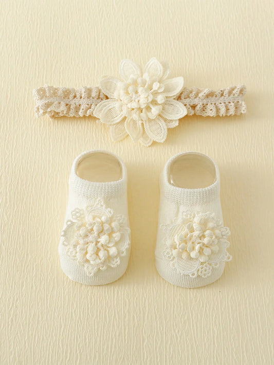 2 Pieces/Set of Toddler Embroidered Flowers Elastic Headband and Non-Slip Cotton Socks, 0-12 Months Baby Girls Socks Hairband Set