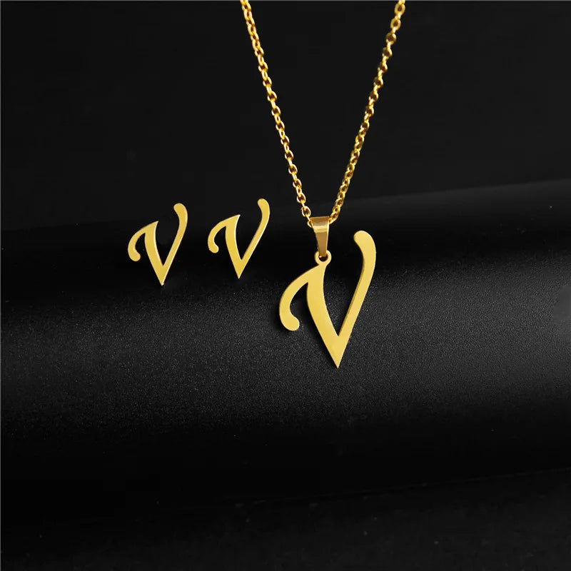 A-Z 26 Stainless Steel Initial Necklace and Earring Jewelry Set Letter Pendant Chain Alphabet Mom Christmas Gift