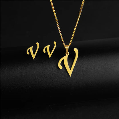 A-Z 26 Stainless Steel Initial Necklace and Earring Jewelry Set Letter Pendant Chain Alphabet Mom Christmas Gift