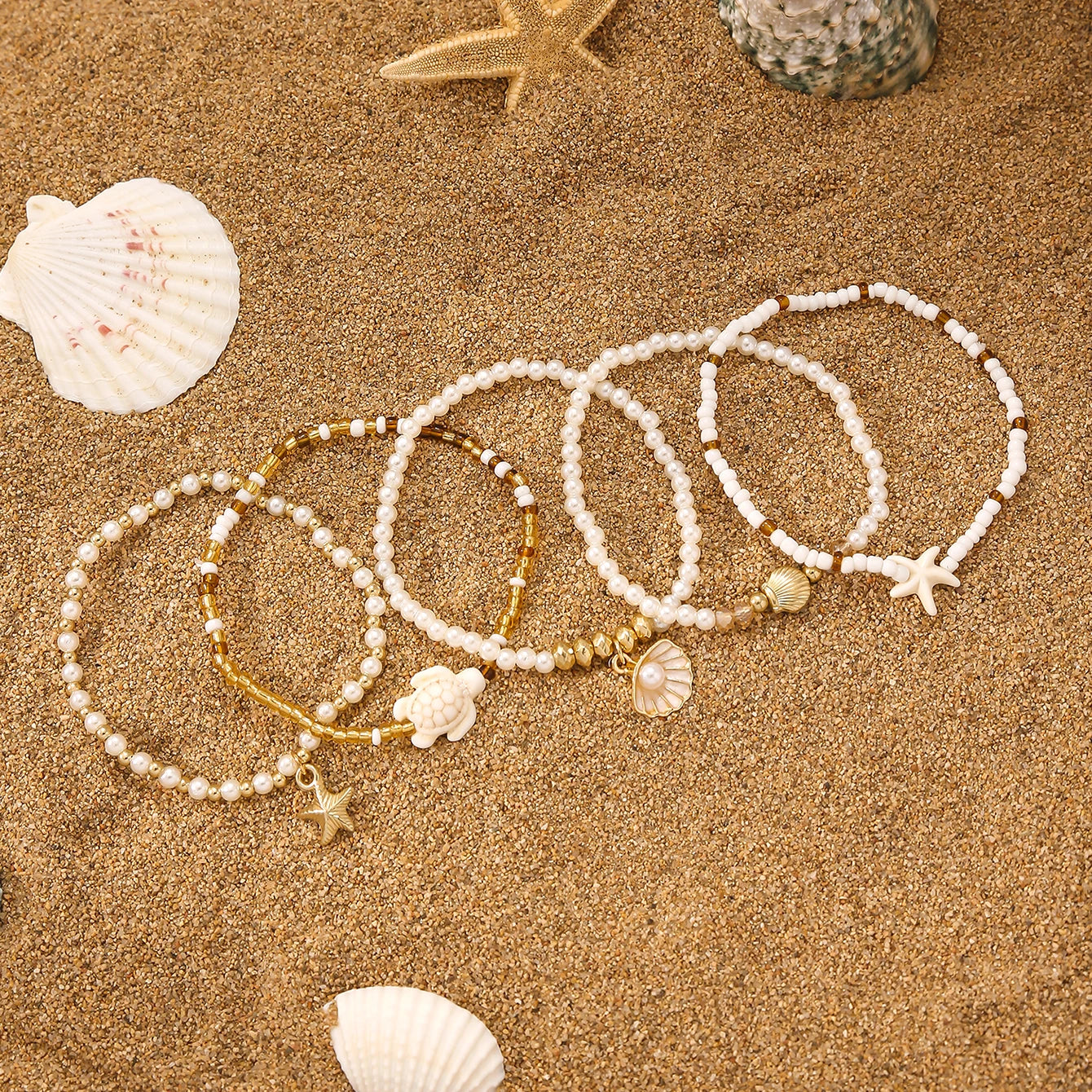 Elegant Multi-layer Imitation Pearl Bracelet Starfish Shell Turtle Pendant Bracelet Women's Summer Party Dating Jewelry