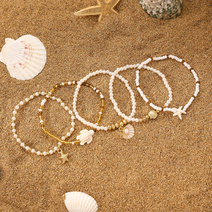 Elegant Multi-layer Imitation Pearl Bracelet Starfish Shell Turtle Pendant Bracelet Women's Summer Party Dating Jewelry