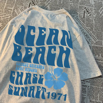 Ocean Beach Chase Sunset 1971 Loose Men Women Tshirts Pattern Tee Clothes Summer T Shirts Harajuku Loose Cotton Couple T-Shirt