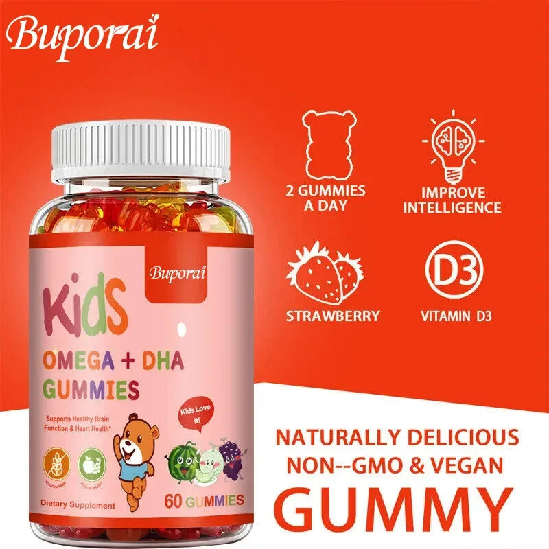 Kids Omega+DHA Gummies with Vitamin D3 -  High IQ Brain Enhancer, Improve Memory and Concentration