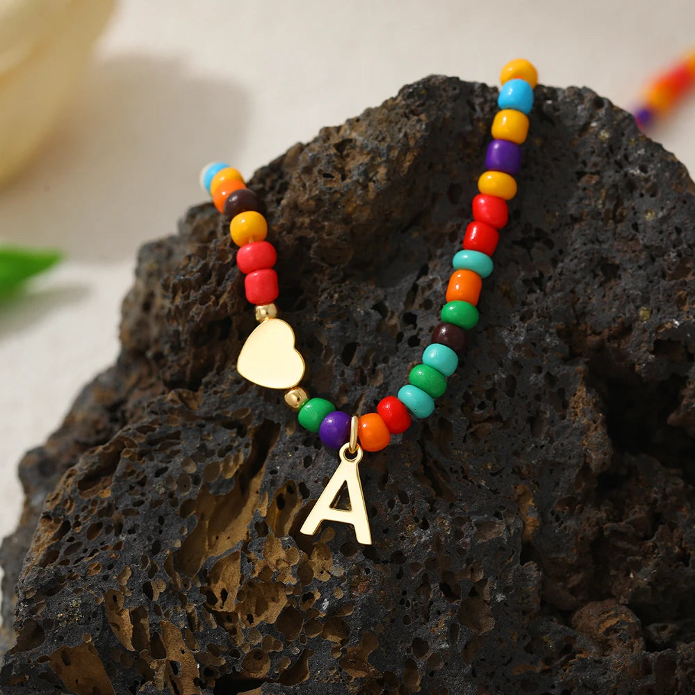Colorful 26 Initial Letter Necklace Wedding for Women Adjustable Fashion Heart Beads Clavicle Chain Necklaces Christmas Jewelry
