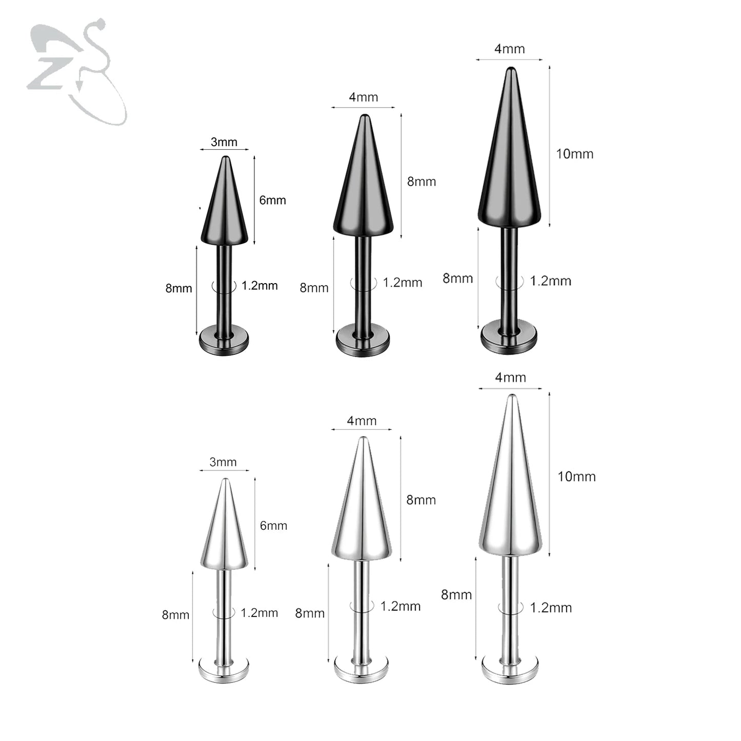 ZS 3pcs/lot 16g Cone Spike Labret Stud Surgical Steel Cartilage Earrings Black Color Barbell Piercing Tragus Helix Rook Jewerly